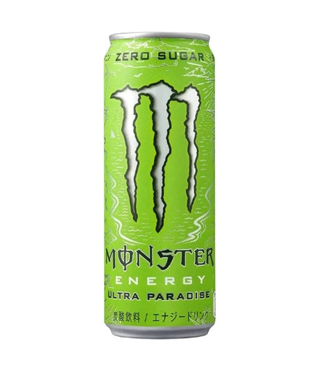 A single can of Monster Energy Ultra Paradise zero sugar drink, featuring its signature bright lime green can with the black and white claw logo, set against a plain white background.