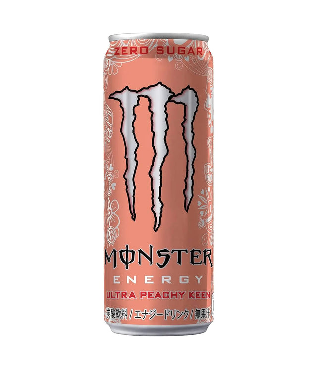 A single can of Monster Energy drink, Ultra Peachy Kean flavor, with a peach-pink label featuring the iconic silver claw logo and white floral patterns, set against a plain white background.