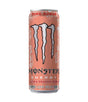 A single can of Monster Energy drink, Ultra Peachy Kean flavor, with a peach-pink label featuring the iconic silver claw logo and white floral patterns, set against a plain white background.