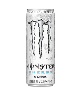 A single can of Monster Energy Ultra drink on a plain white background. The can is predominantly white with a large black claw logo and light blue 'ENERGY ULTRA' text.