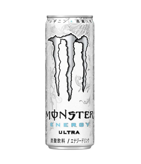 A single can of Monster Energy Ultra drink on a plain white background. The can is predominantly white with a large black claw logo and light blue 'ENERGY ULTRA' text.