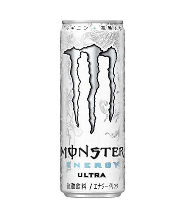 A single can of Monster Energy Ultra drink on a plain white background. The can is predominantly white with a large black claw logo and light blue 'ENERGY ULTRA' text.