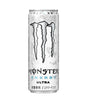 A single can of Monster Energy Ultra drink on a plain white background. The can is predominantly white with a large black claw logo and light blue 'ENERGY ULTRA' text.