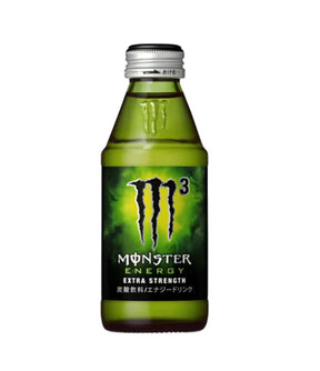 Green Monster Energy drink bottle on a white background