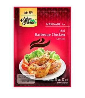 Packaging for Asian Home Gourmet Marinade for Thai Barbecue Chicken, showing the product name, weight of 50g, and an image of marinated chicken on a plate.