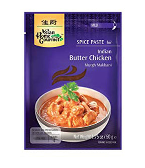 Packaging of Asian Home Gourmet Spice Paste for Indian Butter Chicken, showing the product name, weight of 50g, and an image of the prepared dish.