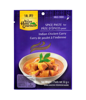 Packaging of Asian Home Gourmet Spice Paste for Indian Chicken Curry, showing the product name, weight of 50g, and an image of the prepared curry dish.