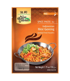Packaging for Asian Home Gourmet Spice Paste with an image of Indonesian Mee Goreng on the front, indicating the product weight of 50g and the product is made in Thailand.