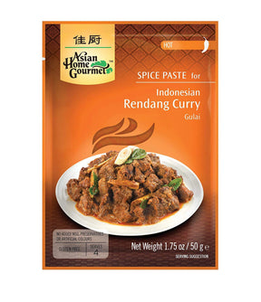 Packaging of Asian Home Gourmet Spice Paste for Indonesian Rendang Curry, showing the product name, weight of 50g, and an image of the curry dish that it is used to prepare.