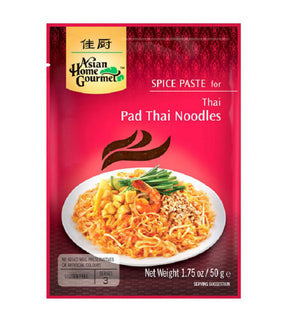 Packaging for Asian Home Gourmet Spice Paste for Pad Thai Noodles, showing the product name, a picture of the noodles, and the net weight of 50g.