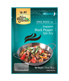 Packaging for Asian Home Gourmet Spice Paste with an illustration of a stir fry dish on the front, indicating the product weight of 50g and the flavor for Singapore Black Pepper Stir Fry.