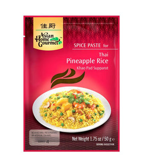 Packaging for Asian Home Gourmet Spice Paste with an image of Thai Pineapple Rice on the front, indicating the product weight of 50g.