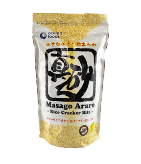 A package of Azuma Foods Masago Arare Rice Cracker Bits 300g, predominantly beige in color with Japanese text and branding.