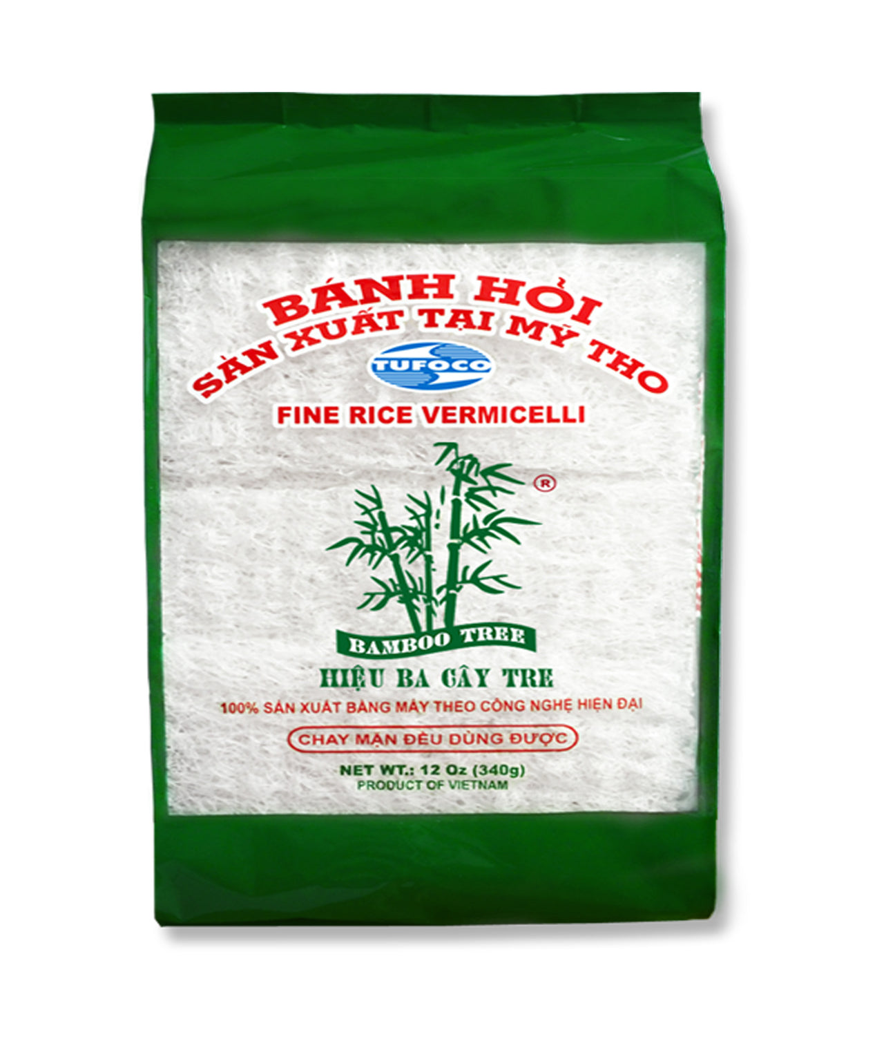 A package of Bamboo Tree Fine Rice Vermicelli, 340g, with product information in Vietnamese and English.
