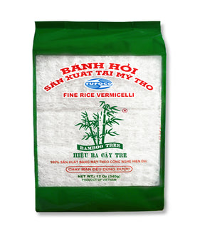 A package of Bamboo Tree Fine Rice Vermicelli, 340g, with product information in Vietnamese and English.