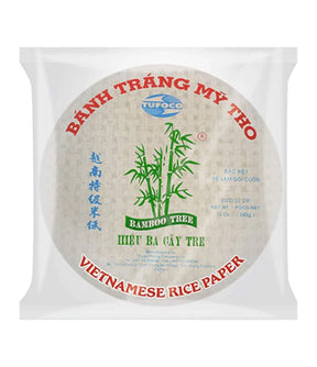 Packaged Vietnamese rice paper labeled as 'Bamboo Tree - Vietnamese Rice Paper (Round) 22cm 340g' with branding and product information.