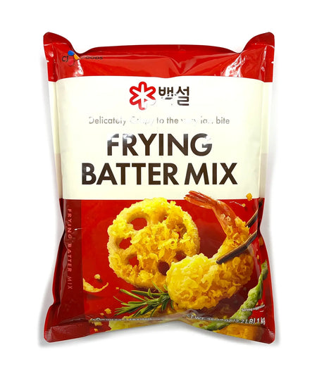 Packaging of frying batter mix with brand logo and product images on a white background