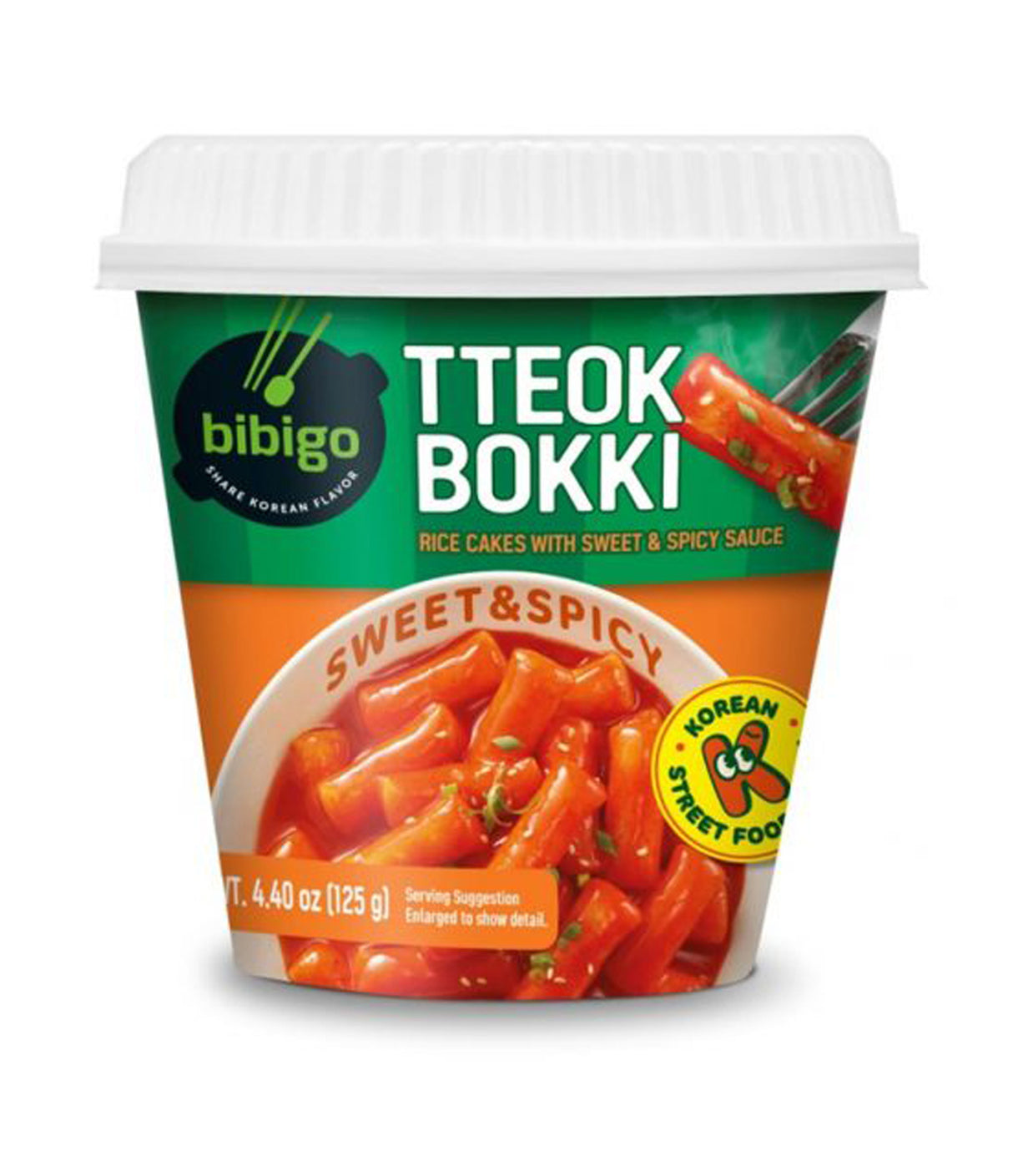 A packaged product of Bibigo Tteokbokki Rice Cakes with Sweet & Spicy Sauce.