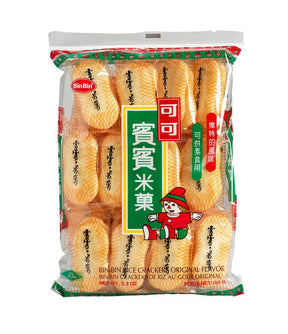 A package of Bin Bin - Rice Crackers Original Flavor showing the product in a clear plastic bag with branding and decorative elements.