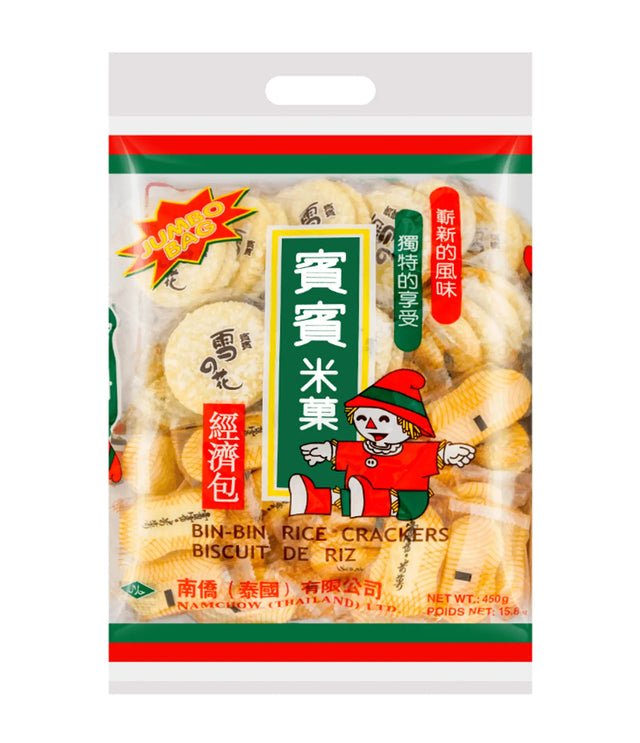 Packaged rice crackers with a cartoon character on a white background
