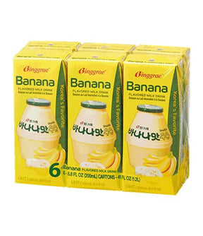 Six cartons of Binggrae Banana Flavored Milk Drink, each with a yellow and green label featuring an image of a banana.