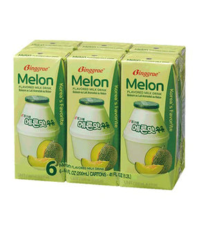 Six cartons of Binggrae Melon Flavored Milk Drink, with each carton showing an image of a melon and the product name.