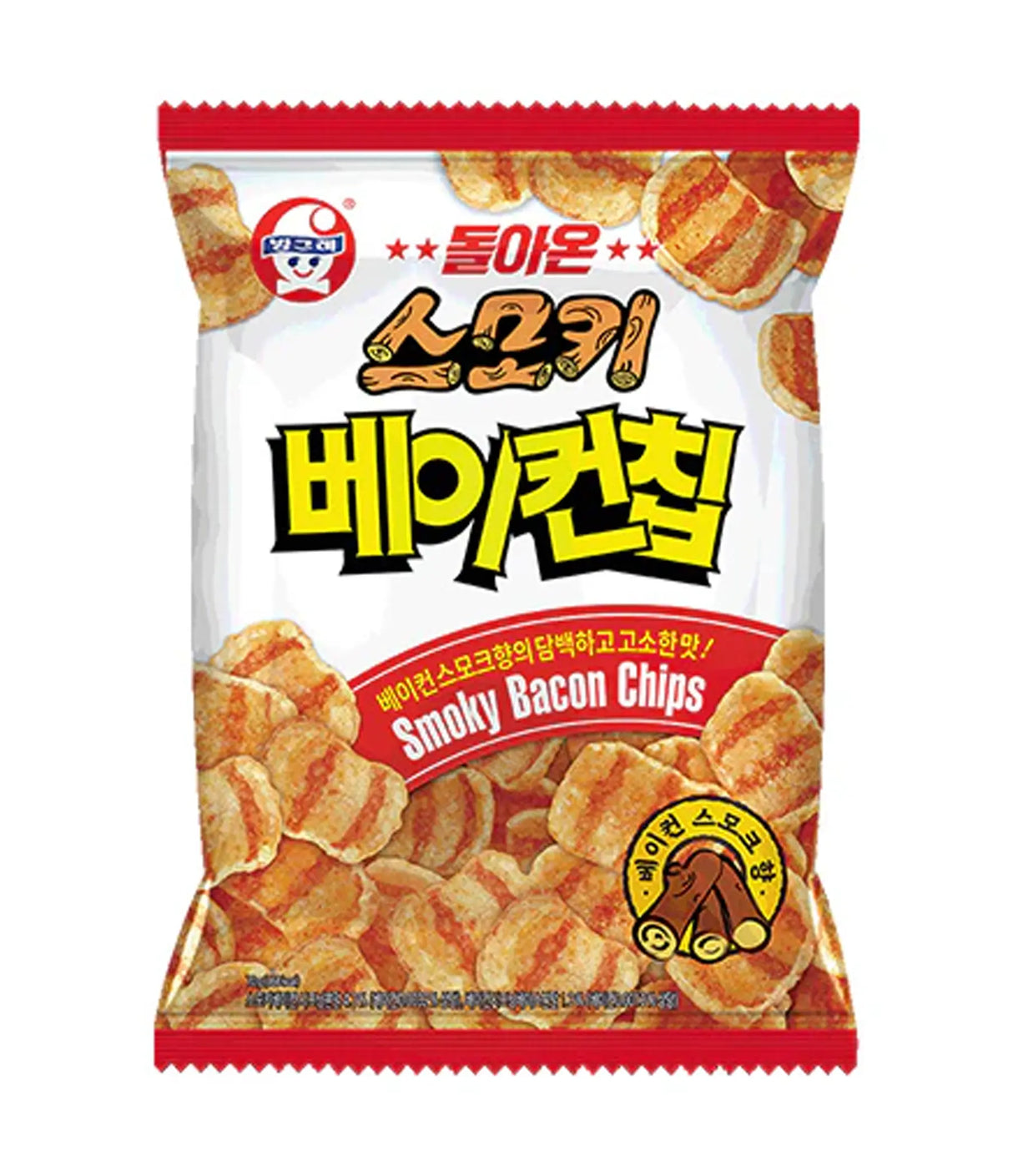 Packaging of Smoky Bacon Chips with Korean text on a white background