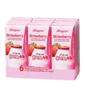 Six cartons of Binggrae Strawberry Flavored Milk Drink, each with an image of a strawberry on the front