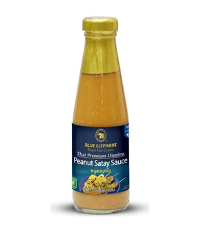 Bottle of Blue Elephant Peanut Satay Sauce on a white background
