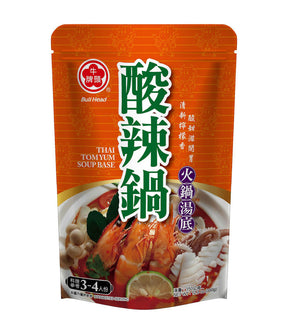 Packaging for Bull Head Thai Tom Yum Soup Base featuring an image of the soup with shrimp and a lime slice, predominantly in orange and white colors with Chinese and English text.