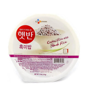 Packaging of CJ Foods cooked rice with black rice on a white background