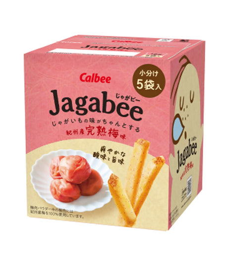 Calbee Jagabee snack package with a pink background