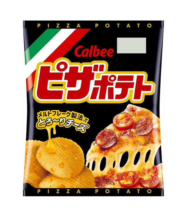 A bag of Calbee Pizza Potato snack chips on a plain white background. The packaging is predominantly black with a diagonal Italian flag stripe in green, white, and red, featuring large red and yellow Japanese text, a dripping cheese graphic, and illustrations of potato chips and a cheesy pizza slice.