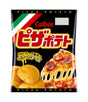 A bag of Calbee Pizza Potato snack chips on a plain white background. The packaging is predominantly black with a diagonal Italian flag stripe in green, white, and red, featuring large red and yellow Japanese text, a dripping cheese graphic, and illustrations of potato chips and a cheesy pizza slice.