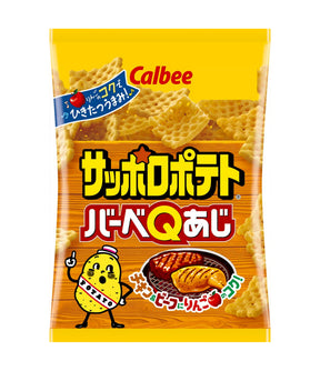 A package of Calbee Sshopotato RubbeQ aji snack chips, featuring a bright yellow and orange bag with Japanese text and illustrations of the waffle-shaped potato chips.