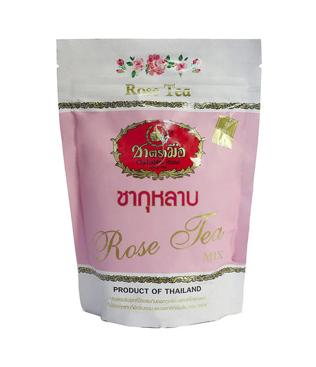 Pink package of Rose Tea Mix with floral design on a white background