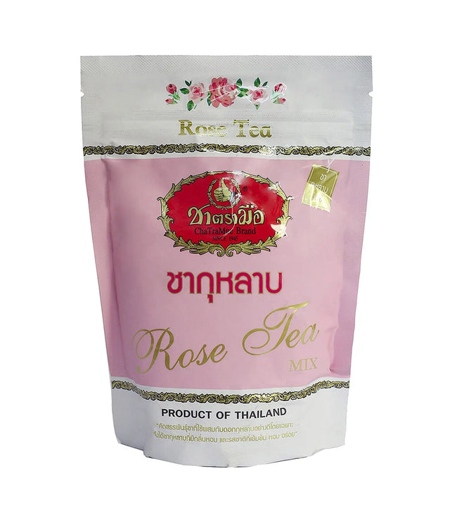 Pink package of Rose Tea Mix with floral design on a white background