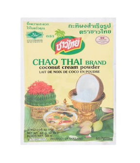 Packaging of Chao Thai brand coconut cream powder showing the product name and an image of a coconut, with additional graphics indicating its use as a condiment.
