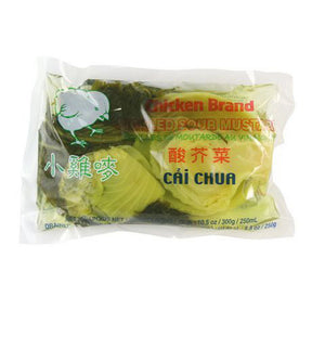 Packaged Chicken Brand pickled sour mustard, 300g, with product information in English and Thai language on the label.