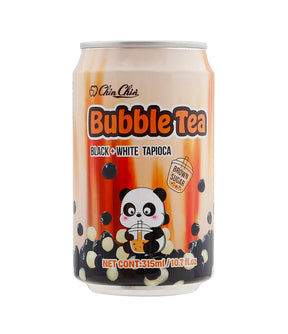 A can of Chin Chin Brown Sugar Bubble Tea Drink featuring an illustration of a panda and bubbles, with a predominantly orange and black color scheme.