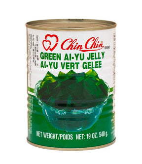 A can of Chin Chin brand Green Ai-Yu Jelly, showing the product name and an image of a bowl with green jelly pieces.