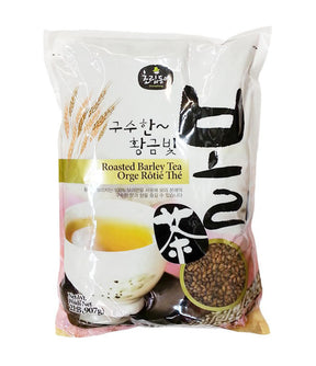 Packaged roasted barley tea product with images of barley grains and a cup of tea on the front