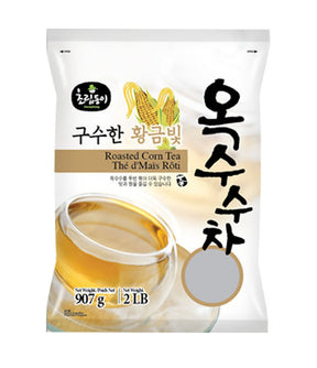 Packaged roasted corn tea product from Choripdong, with the tea visible through a clear window on the packaging, labeled as 907g / 2LB.