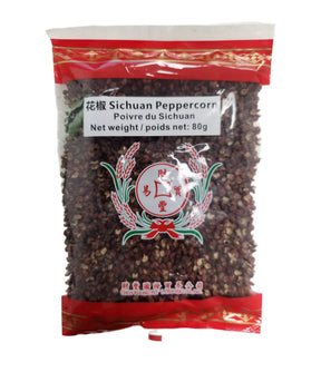 Bag of Sichuan peppercorns with red and white packaging on a white background
