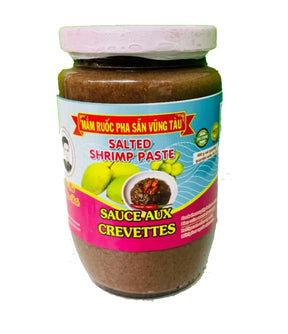 Jar of salted shrimp paste with colorful label on a white background