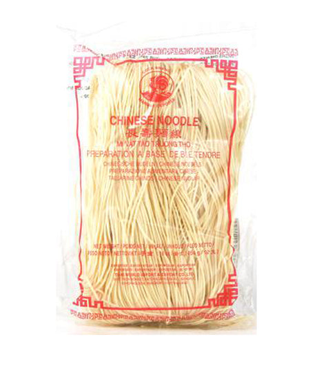 Packaged Chinese white noodles in a clear plastic bag with red and black text, indicating the brand and product name.