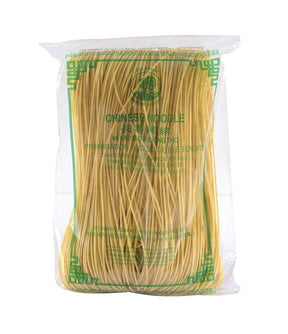 Packaged Chinese yellow noodles in a clear plastic bag with green label.