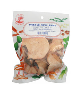 Packaged dried galangal slices against a white background with decorative elements.