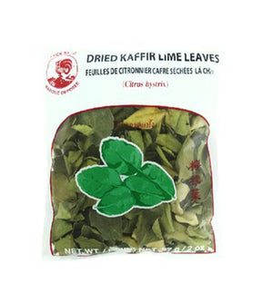 Packaged dried kaffir lime leaves, with branding and product information visible.