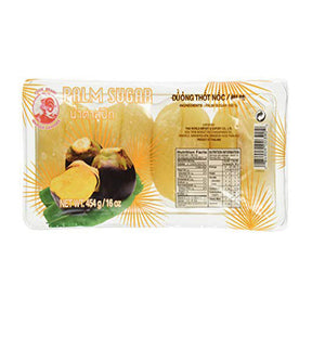 Packaging of Cock Brand Palm Sugar, showing the product name, weight, and Thai ingredients